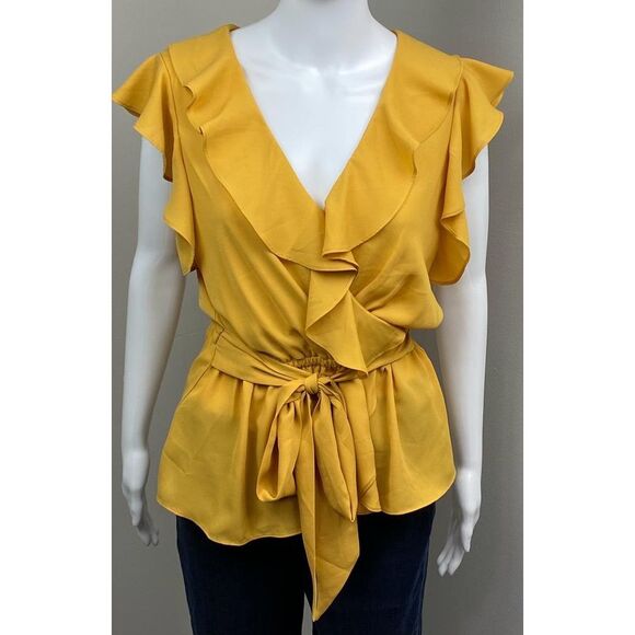 Max Studio Surplice Ruffle Peplum Top Ties Blouse Womens Medium Yellow BB0361 - Picture 1 of 7